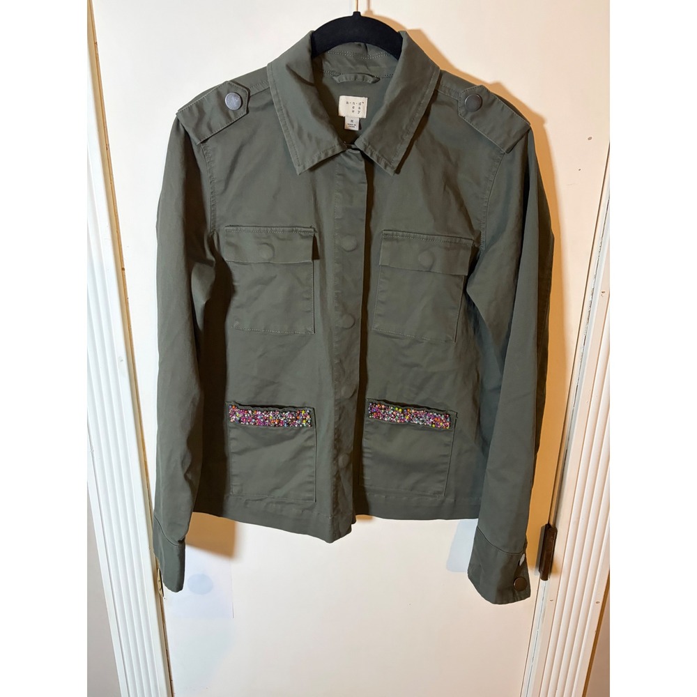 A New Day Olive Green Utility Military Jacket with Beaded Trim Pockets Medium